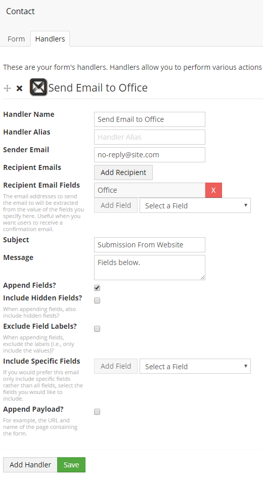 The "Recipient Email Fields" has the "Office" field selected.