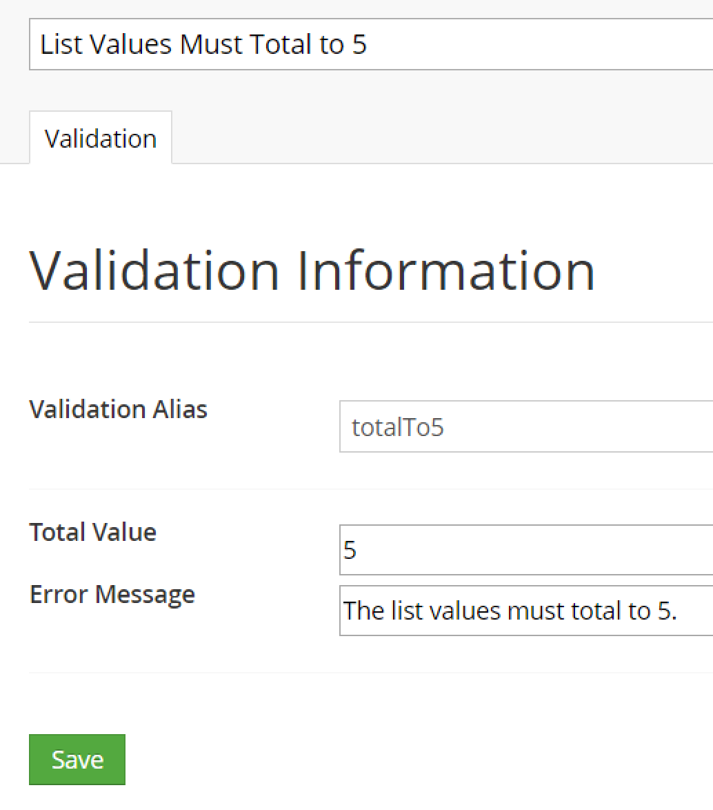 The back office UI for our list summation validation.