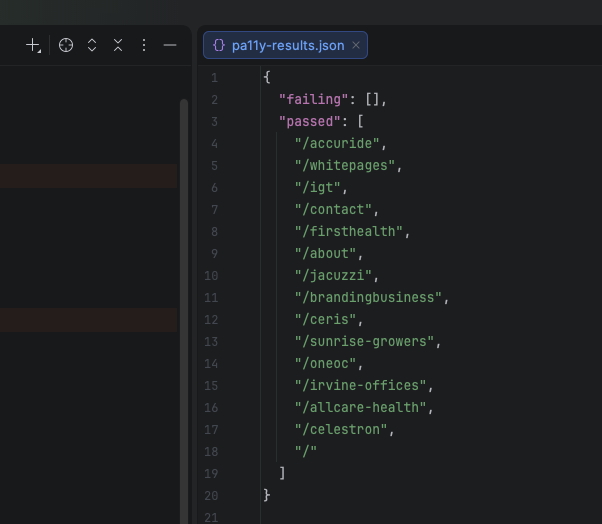 The Pa11y results JSON file showing the current state of which pages are passing and failing.