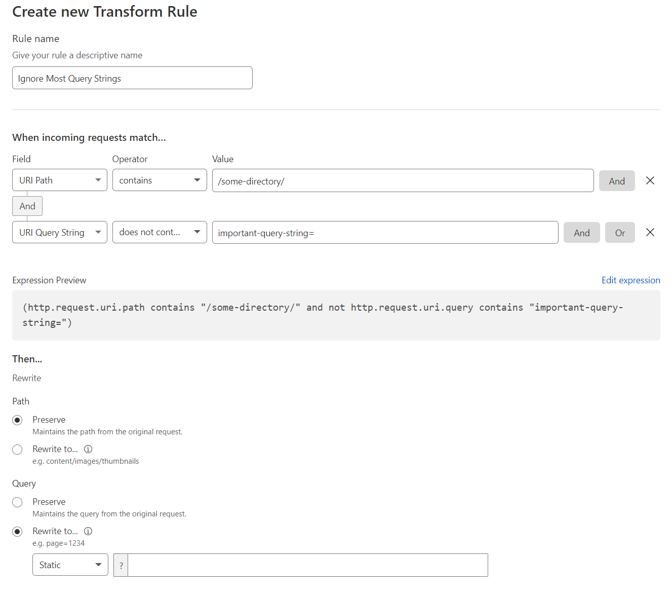 Setting the "rewrite to" value to nothing just removes the query string entirely.