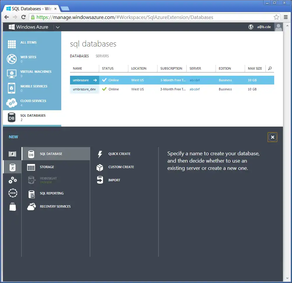 New Database Custom Create
